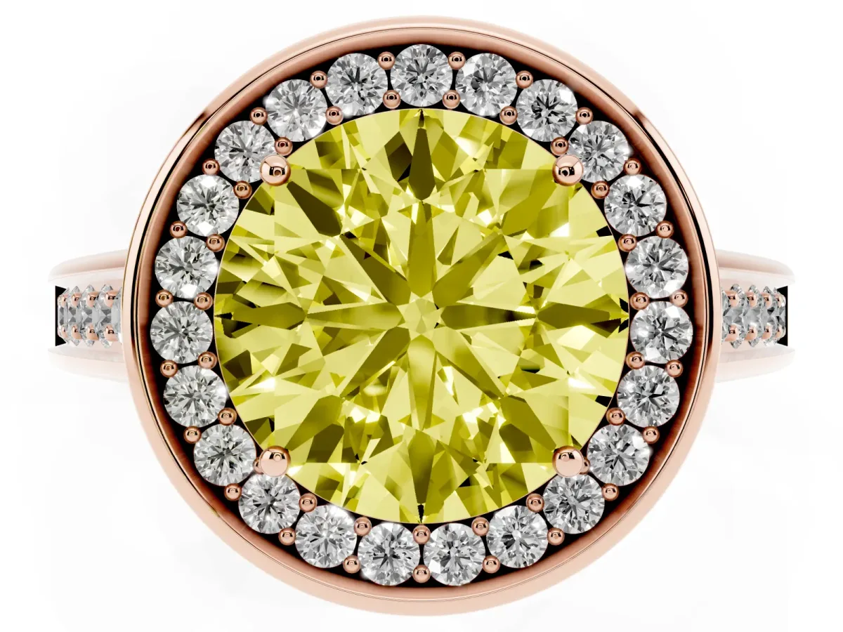 Fancy Yellow Round Cut Halo Solitaire Diamond Ring with Pave Band and Bezel Setting Rose gold