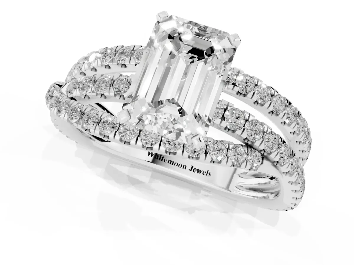 Emerald Cut Solitaire Twist Band with Pavé Setting and Four-Prong Setting Silver
