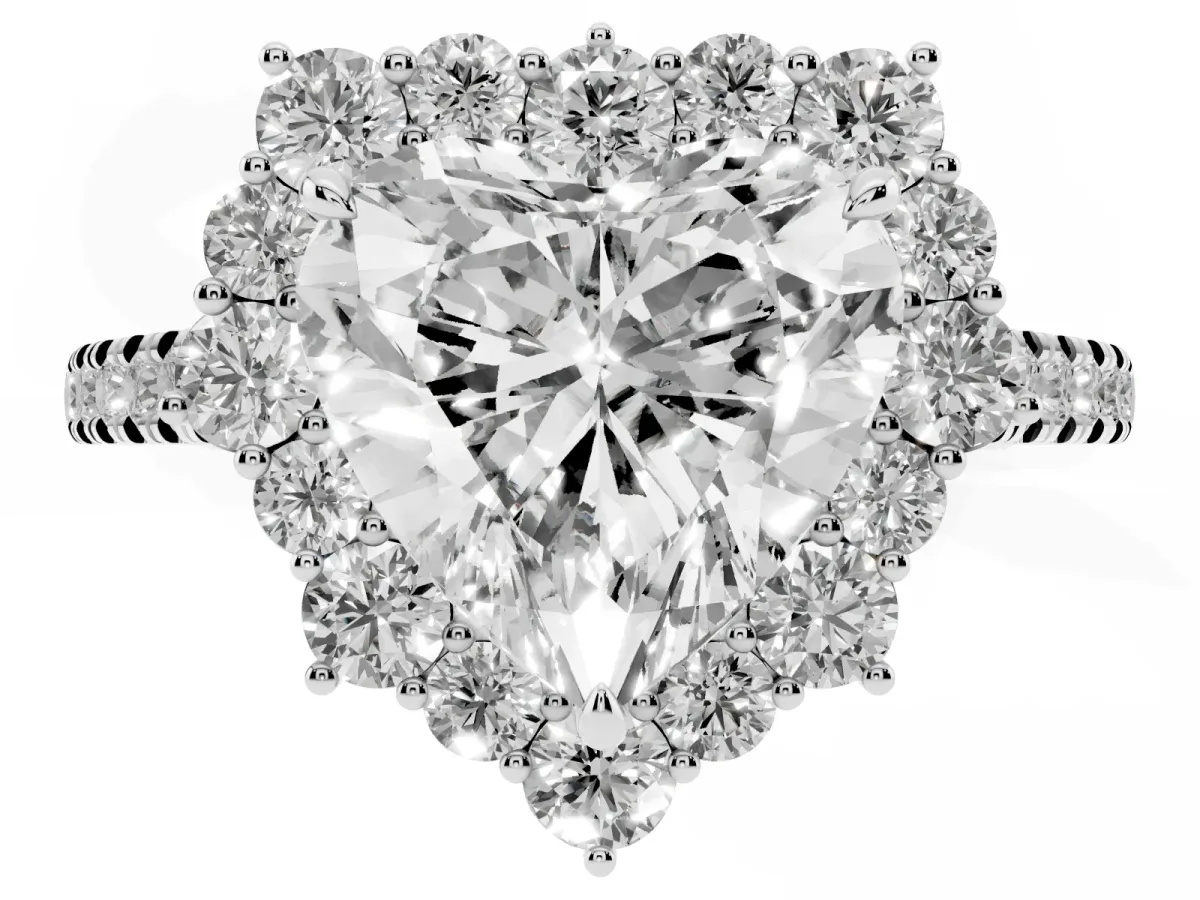 Heart Cut Halo Diamond Ring with Pavé Band and Prong Setting Silver