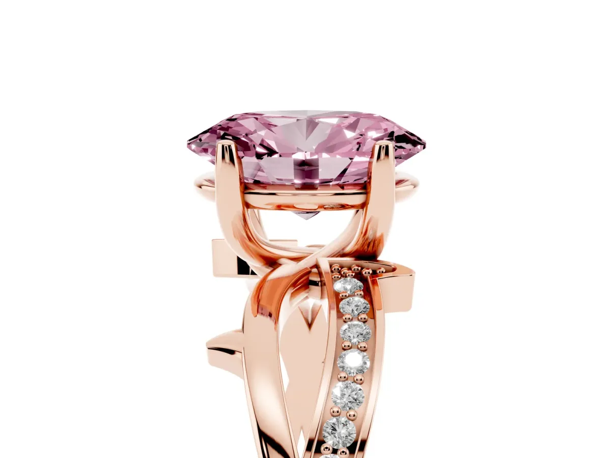 Fancy Pink Oval Cut Solitaire Twist Band with Pavé Accents and Four-Prong Setting Rose gold