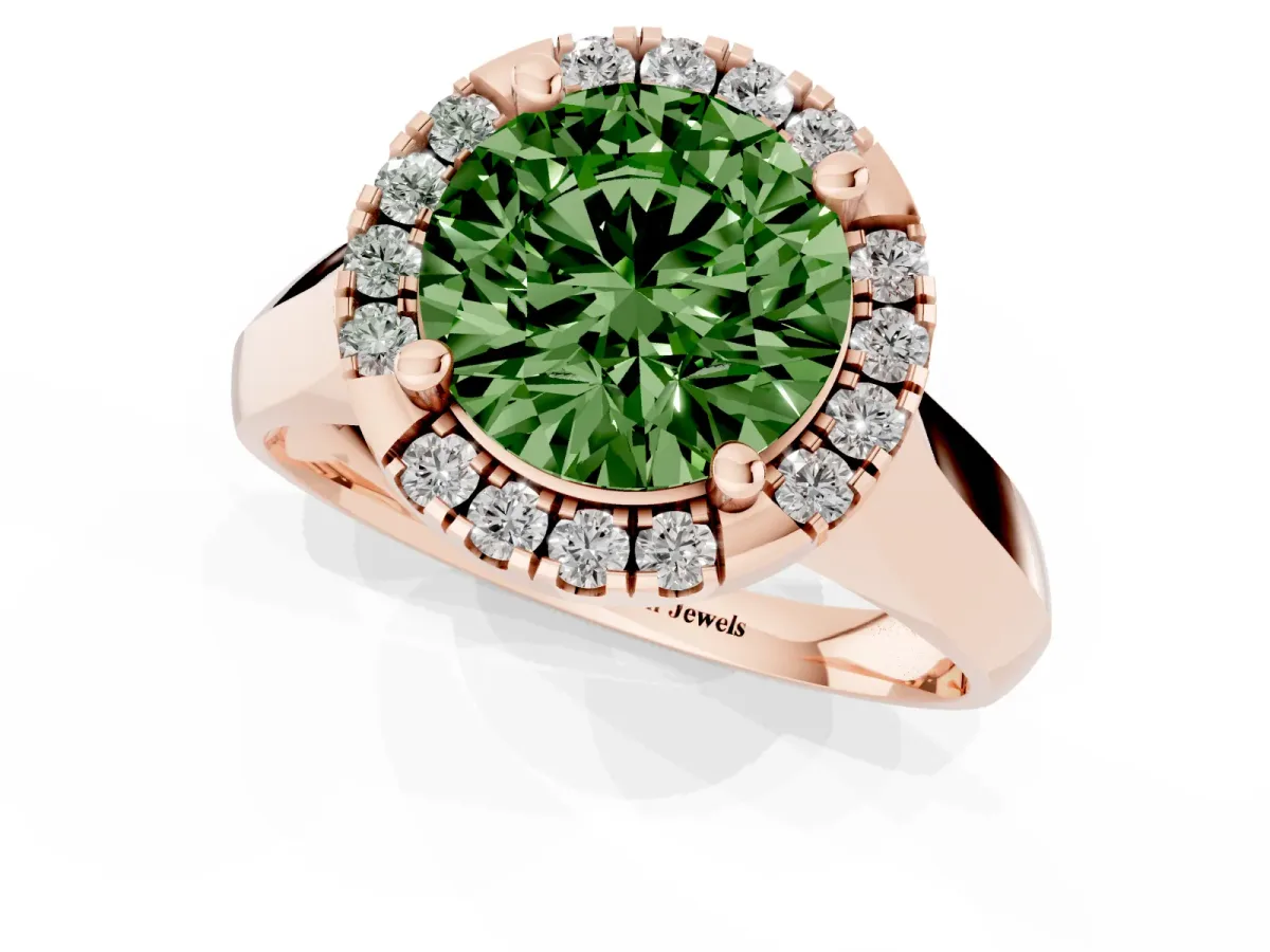Fancy Green Round Cut Cut Halo Solitaire Engagement Ring with Square Band and Four-Prong Setting Rose gold