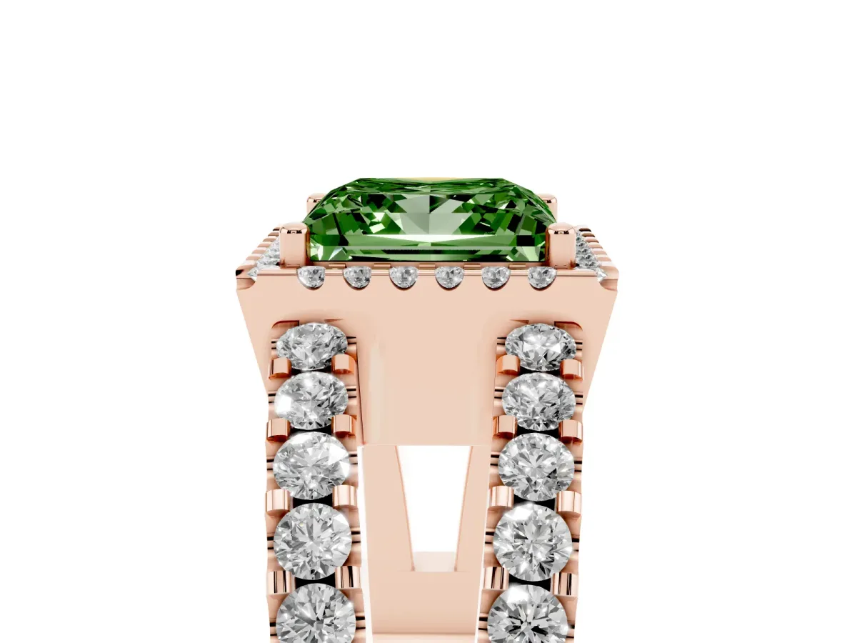Fancy Green Princess Cut Cut Halo Split Shank Diamond Ring with Four-Prong Setting Rose gold