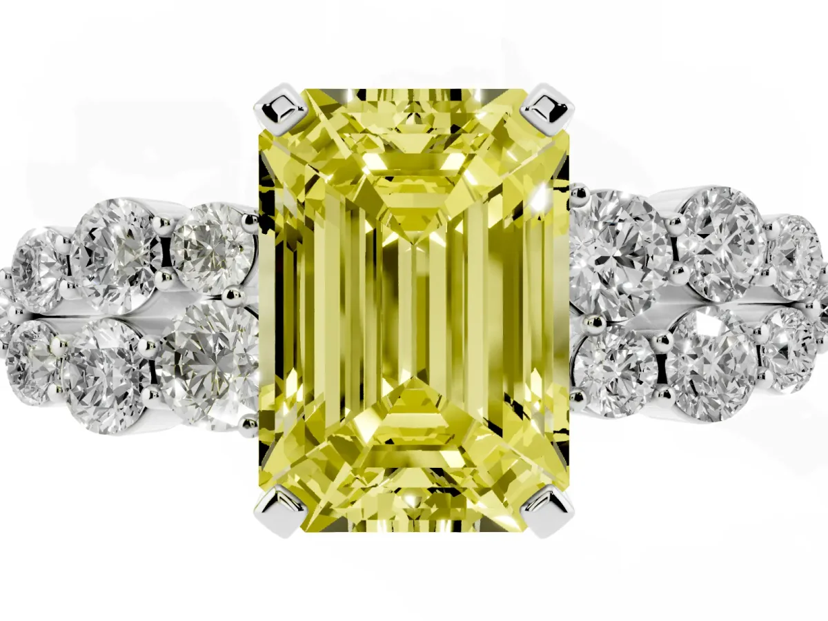 Fancy Yellow Emerald Cut Cluster Diamond Engagement Ring with Pavé Band and Four-Prong Setting Platinum