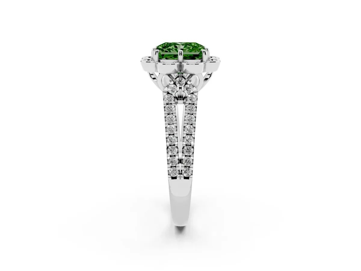 Fancy Green Radiant Cut Halo Diamond Floral Split Shank Engagement Ring Silver