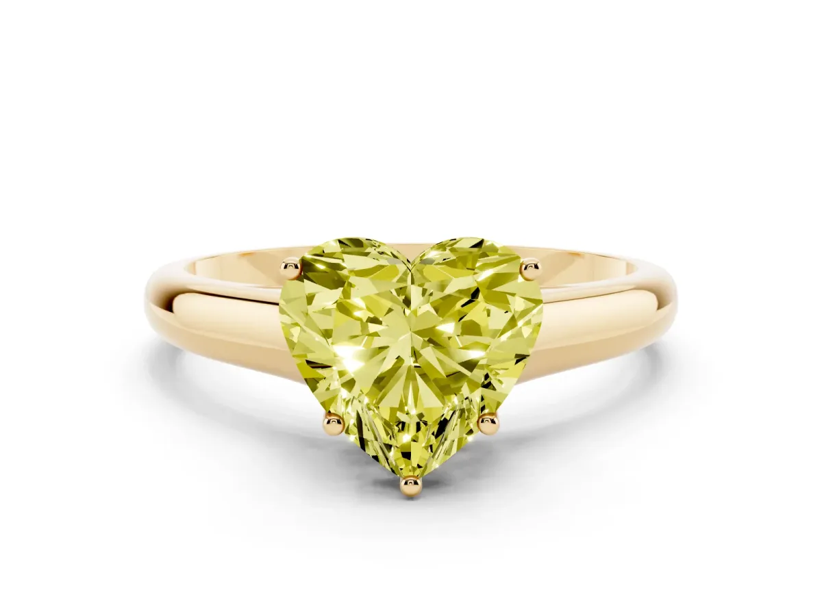 Fancy Yellow Heart Cut Cut Diamond Solitaire Engagement Ring with Tapered Plain Band and Four-Prong Setting Yellow gold