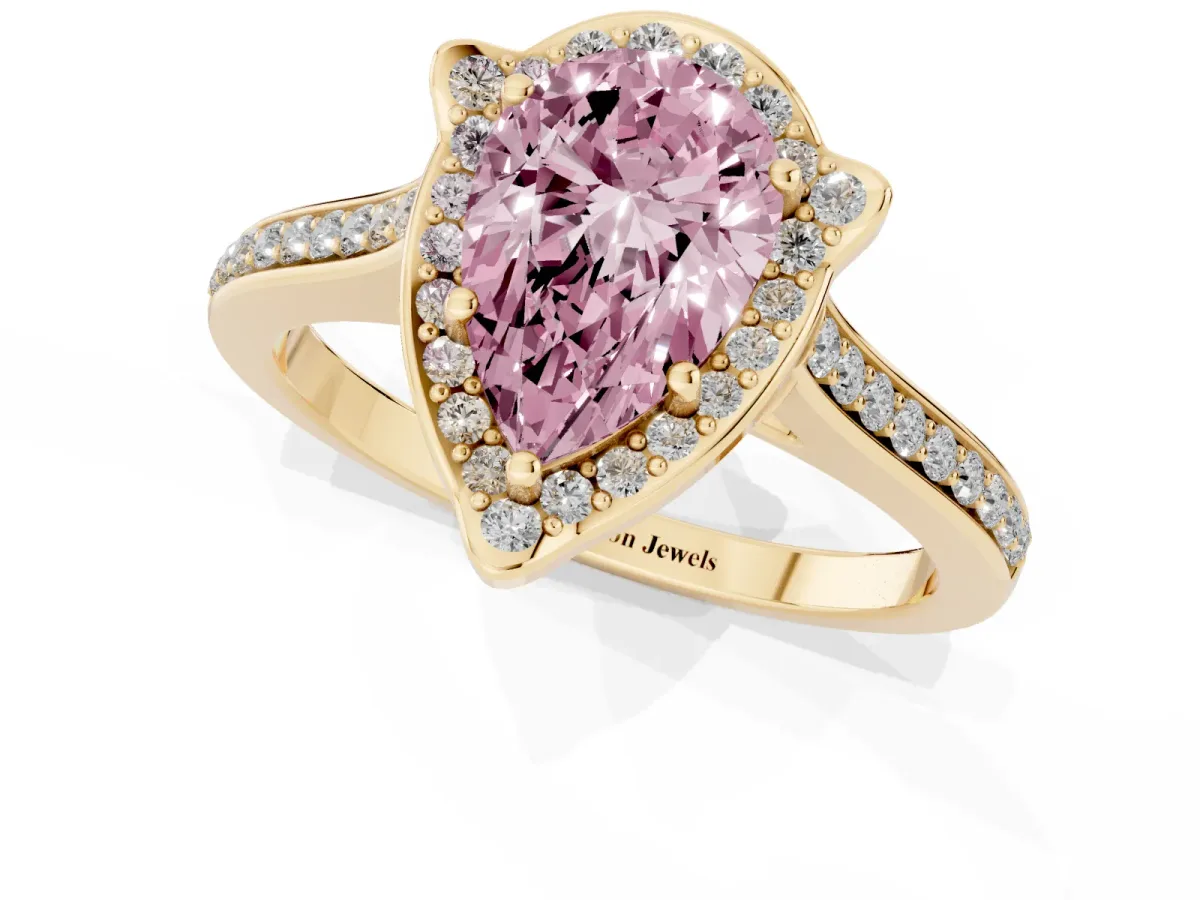 Fancy Pink Pear Cut Halo Round Diamond Pave Band with Four-Prong Setting Yellow gold