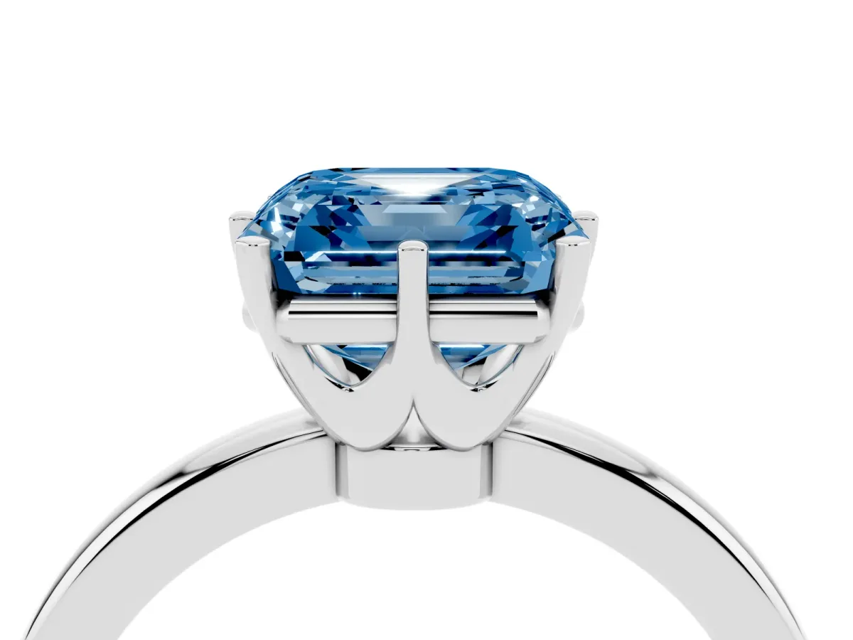 Fancy Blue Asscher Cut Solitaire Diamond Ring with Six-Prong Setting on a Classic Band Silver