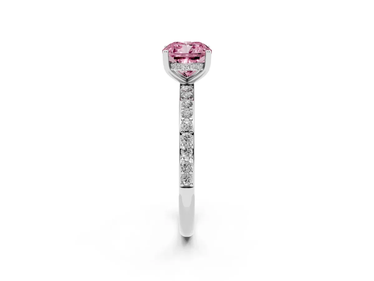 Fancy Pink Cushion Cut Cut Diamond Pavé Band Ring with Four-Prong Setting Silver
