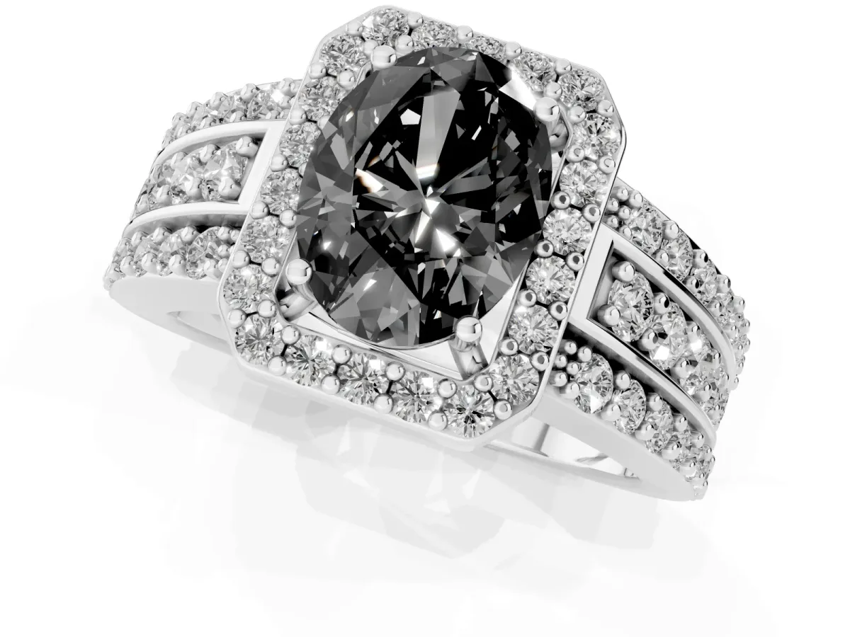 Fancy Black Oval Cut Halo Diamond Ring with Round Split Shank and Prong Setting Platinum