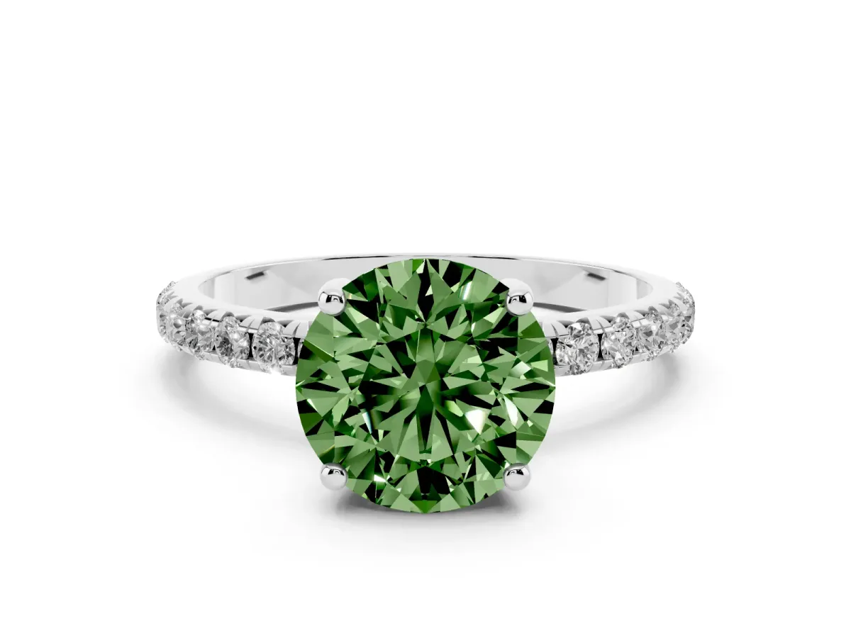 Fancy Green Round Cut Cut Diamond Solitaire Ring with Micro Pave Band and Four Prong Setting Silver