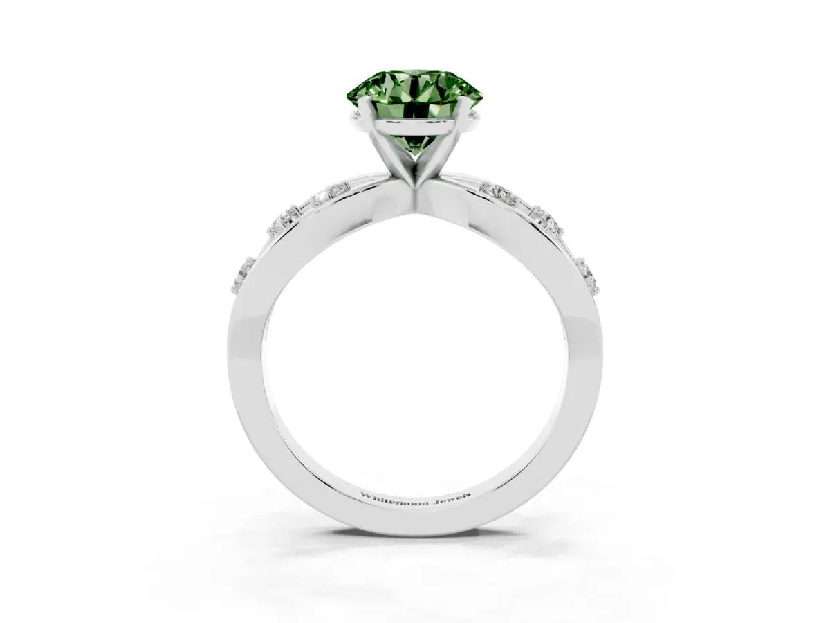 Fancy Green Round Cut Cut Solitaire Diamond with Side Stones on Criss-Cross Band and Four-Prong Setting Platinum