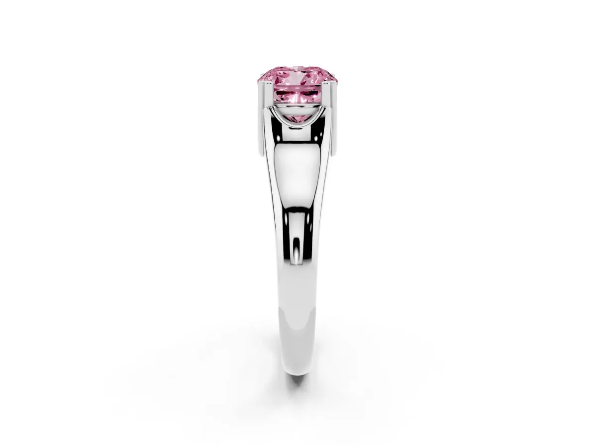 Fancy Pink Cushion Cut Diamond Solitaire Ring with Wide Band and Prong Setting Silver