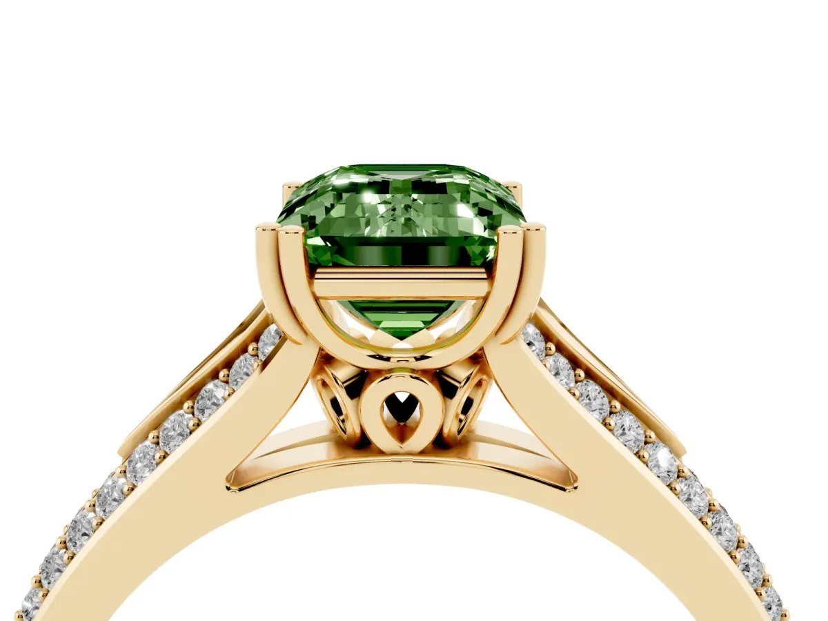 Fancy Green Emerald Cut Diamond Split Shank Engagement Ring with Pavé Band Yellow gold