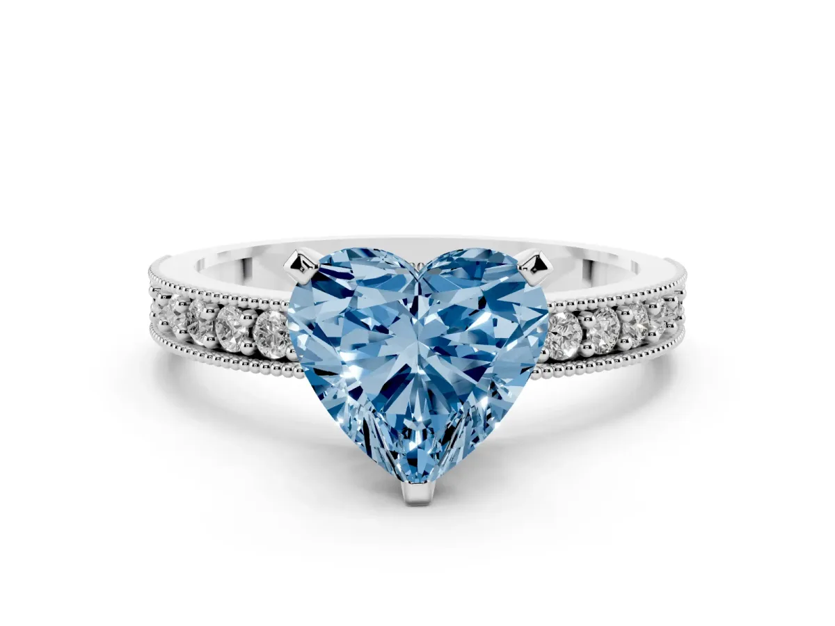 Fancy Blue Heart Cut Diamond Milgrain Pavé Engagement Ring with Four-Prong Setting Silver