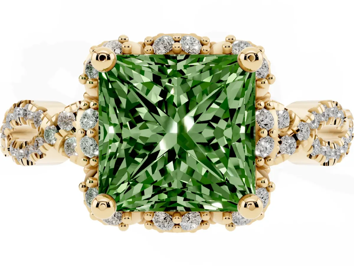 Fancy Green Princess Cut Halo Twist Band Solitaire Ring with Six-Prong Setting Yellow gold