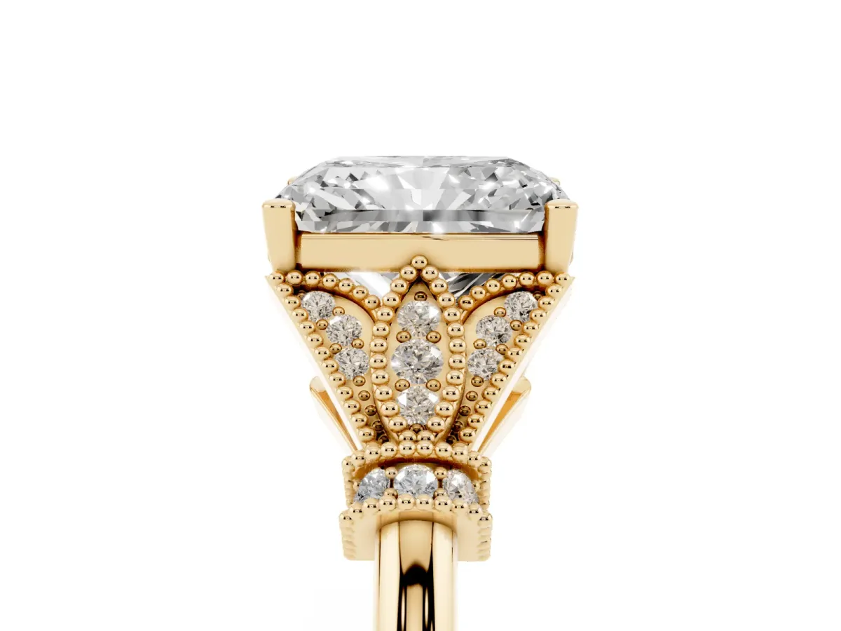 Radiant Cut Diamond Solitaire Ring with Floral Filigree and Pave Accents Yellow gold