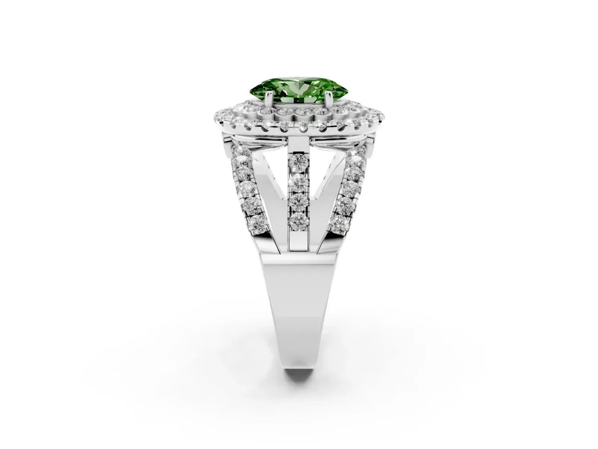 Fancy Green Oval Cut Diamond Double Halo Ring with Round Pavé Split Shank and Prong Setting Silver