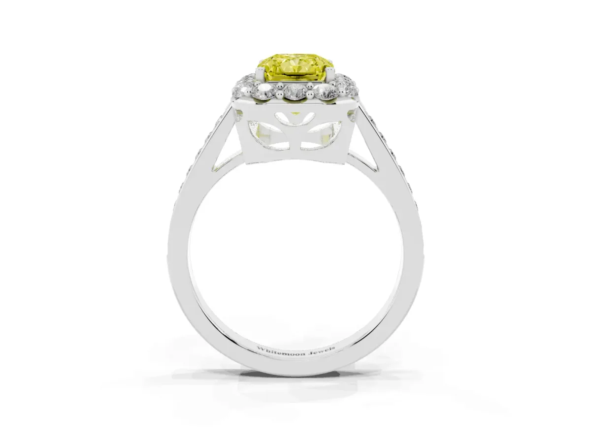 Fancy Yellow Radiant Cut Diamond Floral Halo Ring with Pavé Band and Prong Setting Platinum