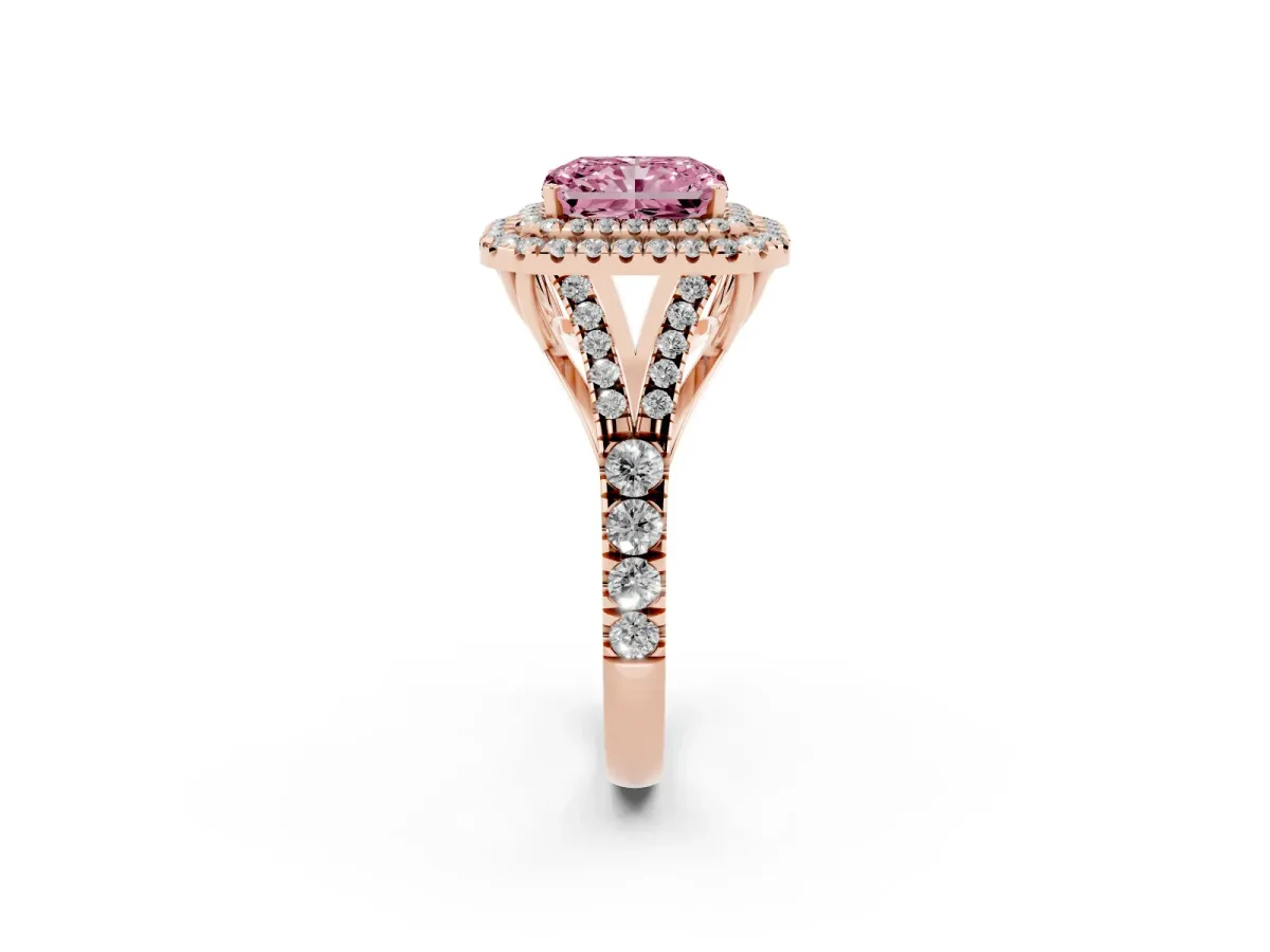 Fancy Pink Radiant Cut Diamond Double Halo Ring with Split Shank and Prong Setting Rose gold