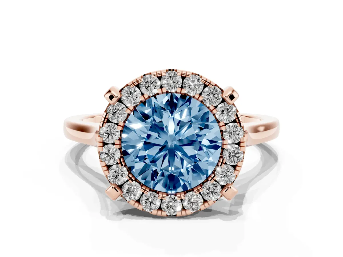 Fancy Blue Round Cut Diamond Cluster Halo Solitaire with Four-Prong Setting Rose gold
