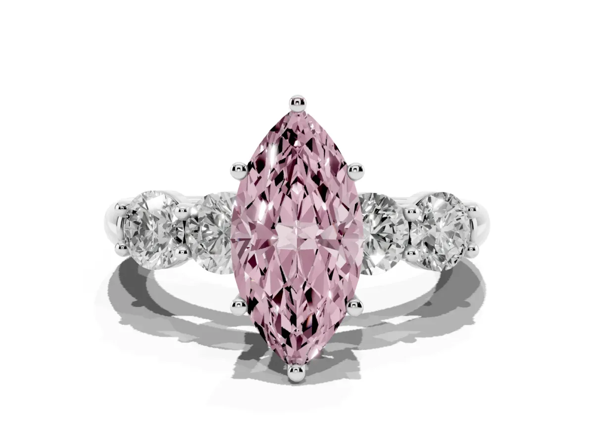 Fancy Pink Marquise Cut Cut Five-Stone Prong Set Diamond Ring with Classic Band Silver