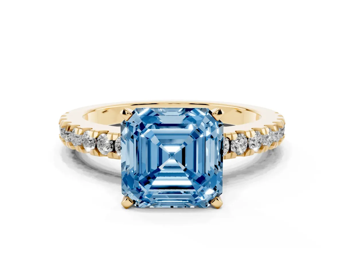 Fancy Blue Asscher Cut Solitaire Diamond with Pavé Band and Four-Prong Setting Yellow gold