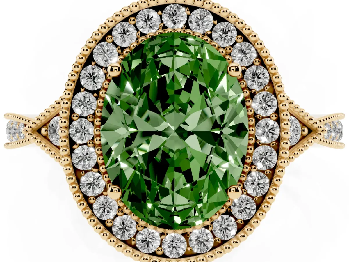 Fancy Green Oval Cut Halo Round Diamond Milgrain Pave Engagement Ring Yellow gold