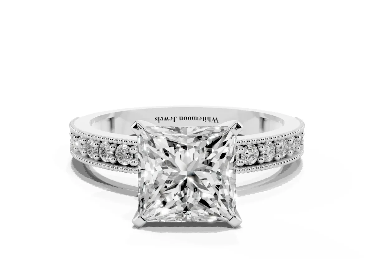 Princess Cut Diamond Milgrain Pavé Engagement Ring with Four-Prong Setting Platinum