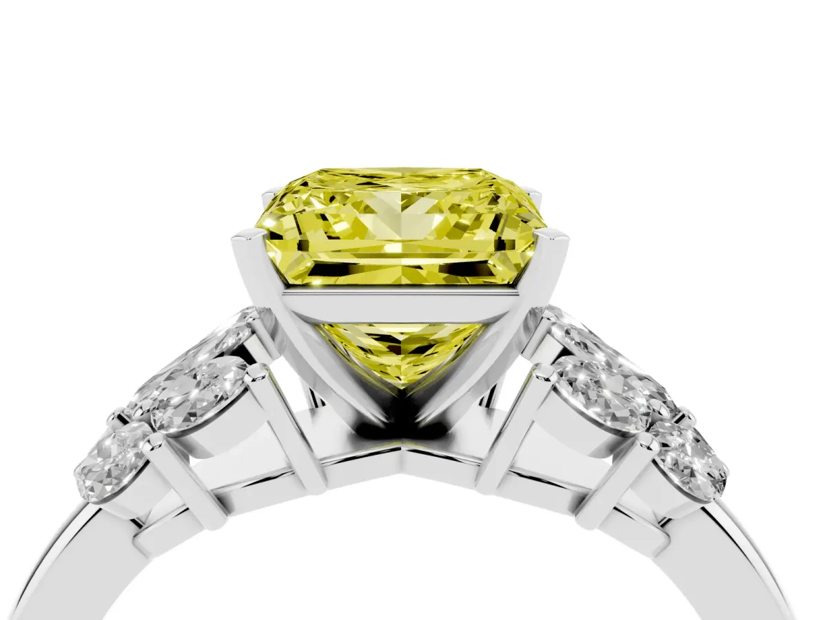 Fancy Yellow Princess Cut Diamond Cluster Leaf Design Ring with Prong Setting Silver
