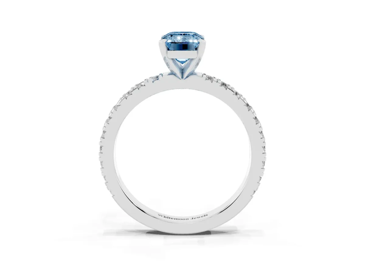 Fancy Blue Emerald Cut Diamond Pavé Band Solitaire with Four-Prong Setting Silver