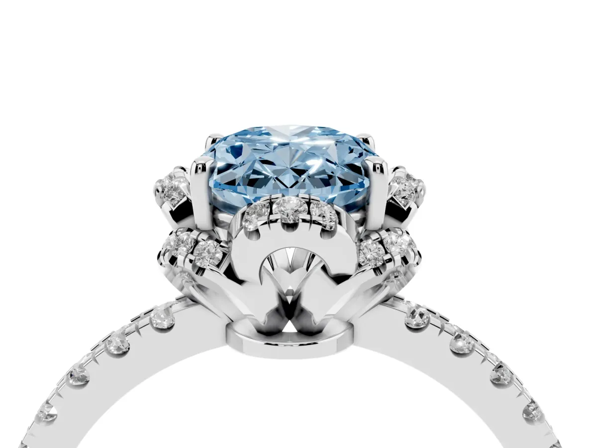 Fancy Blue Oval Cut Halo Diamond Pave Band Ring with Four-Prong Setting Platinum