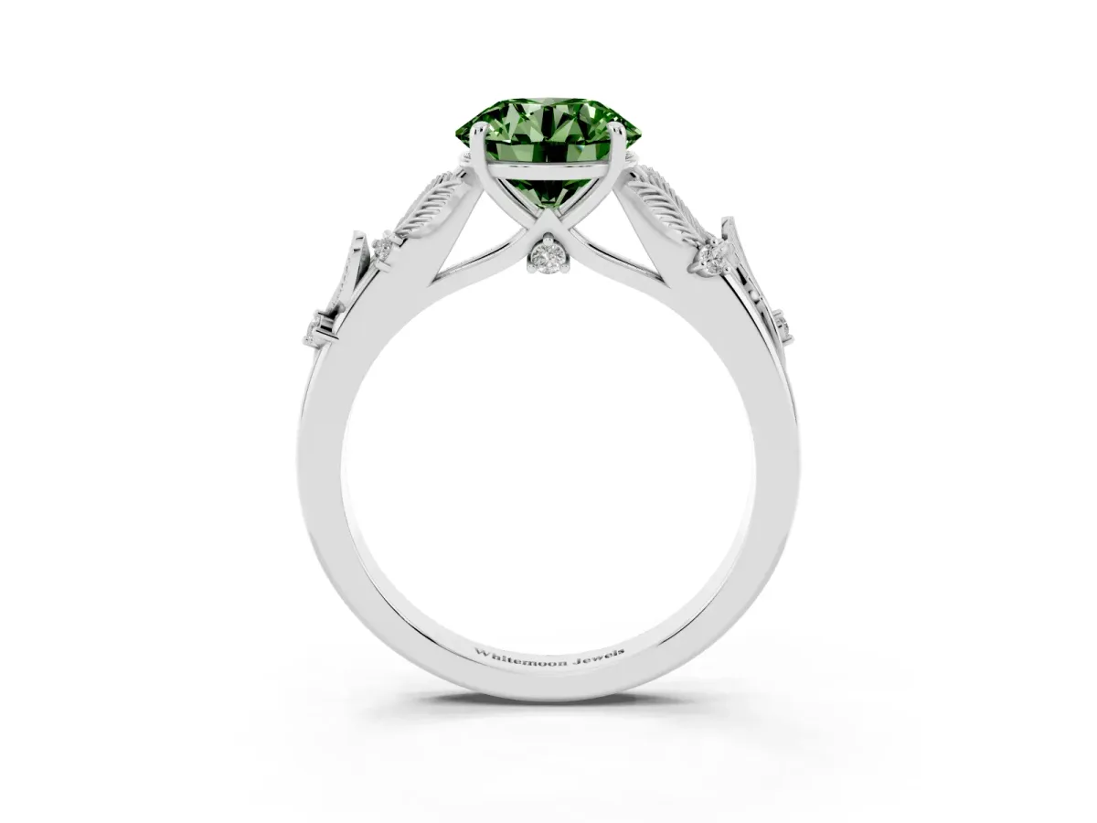 Fancy Green Round Cut Diamond Solitaire Ring with Leaf Motif Band and Four-Prong Setting Platinum