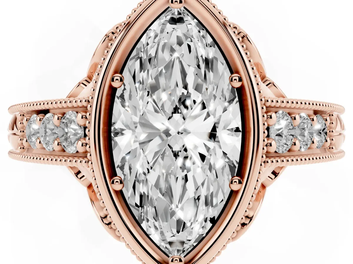 Bezel Set Marquise Cut Diamond Milgrain Pave Engagement Ring Rose gold
