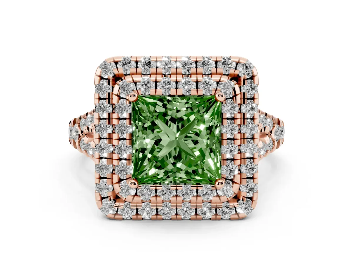 Fancy Green Double Halo Princess Cut Diamond Pavé Split Shank Ring with Prong Setting Rose gold