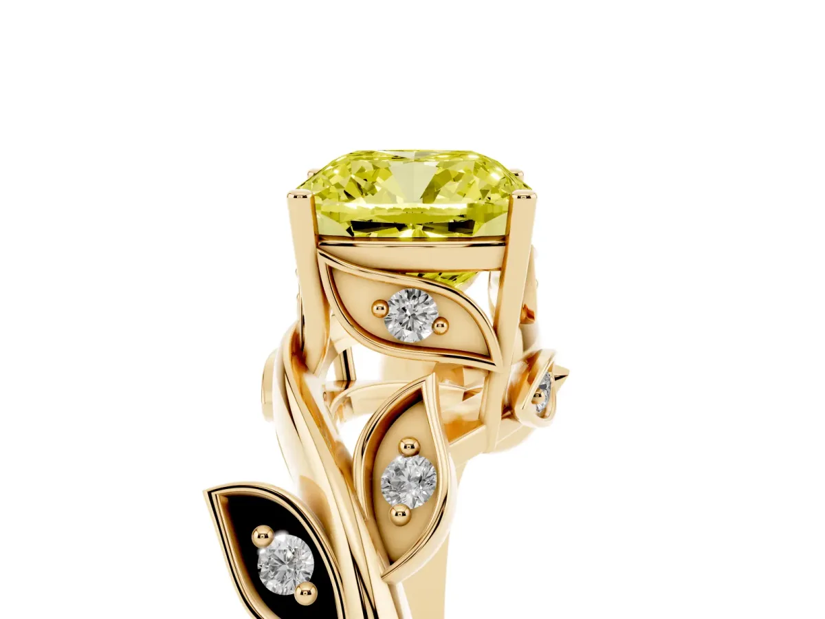 Fancy Yellow Cushion Cut Solitaire Twist Engagement Ring with Leaf Accents and Prong Setting Yellow gold