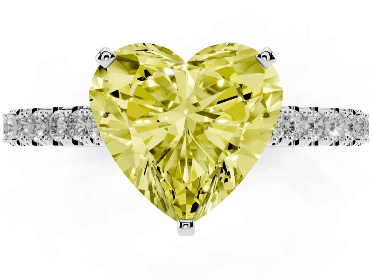 Fancy Yellow Heart Cut Cut Solitaire Diamond Engagement Ring with Pave Band and Four-Prong Setting Platinum