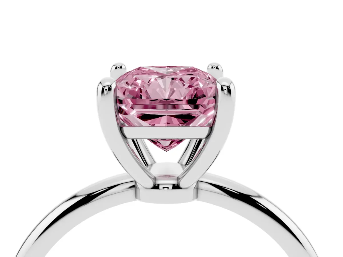 Fancy Pink Radiant Cut Solitaire Diamond Ring with 4-Prong Setting on a Classic Band Silver