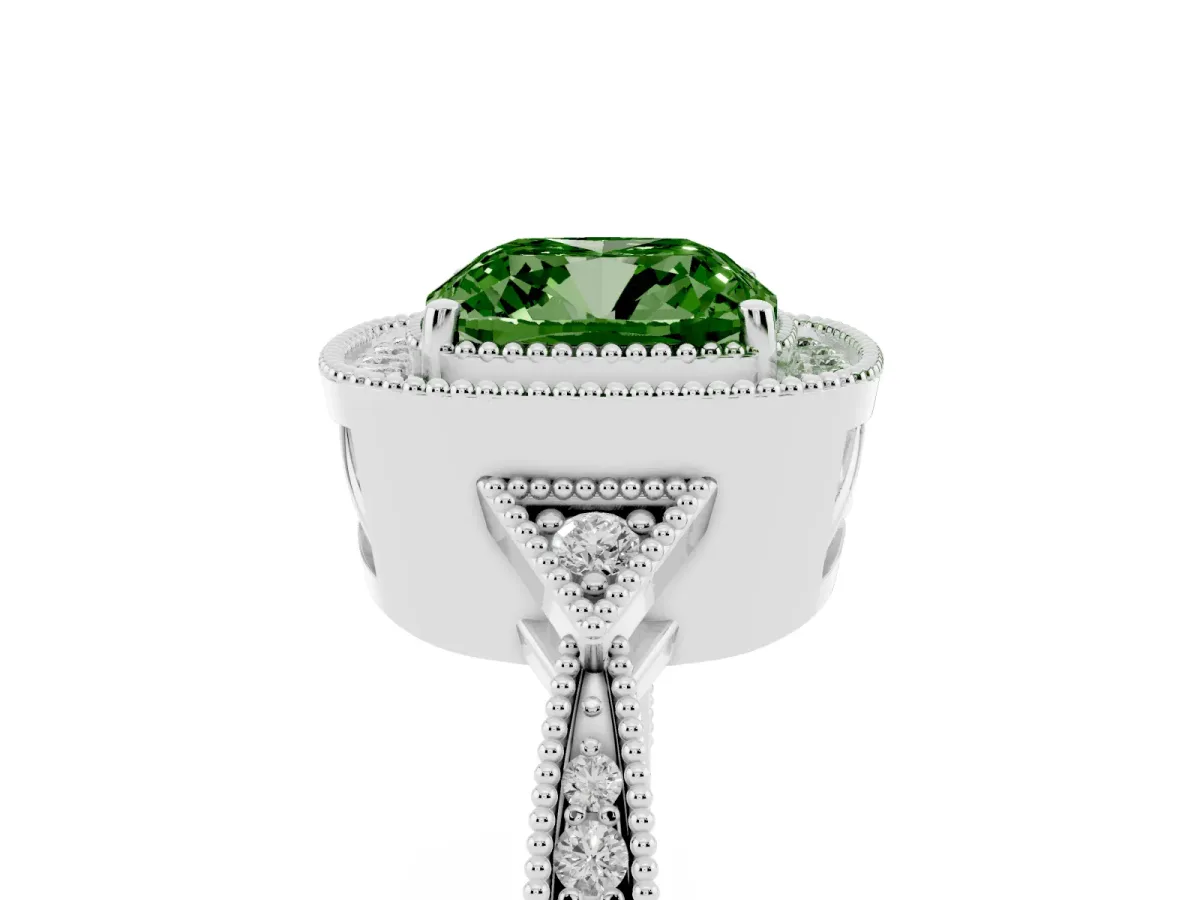 Fancy Green Cushion Cut Halo Round Diamond Milgrain Pave Engagement Ring Silver