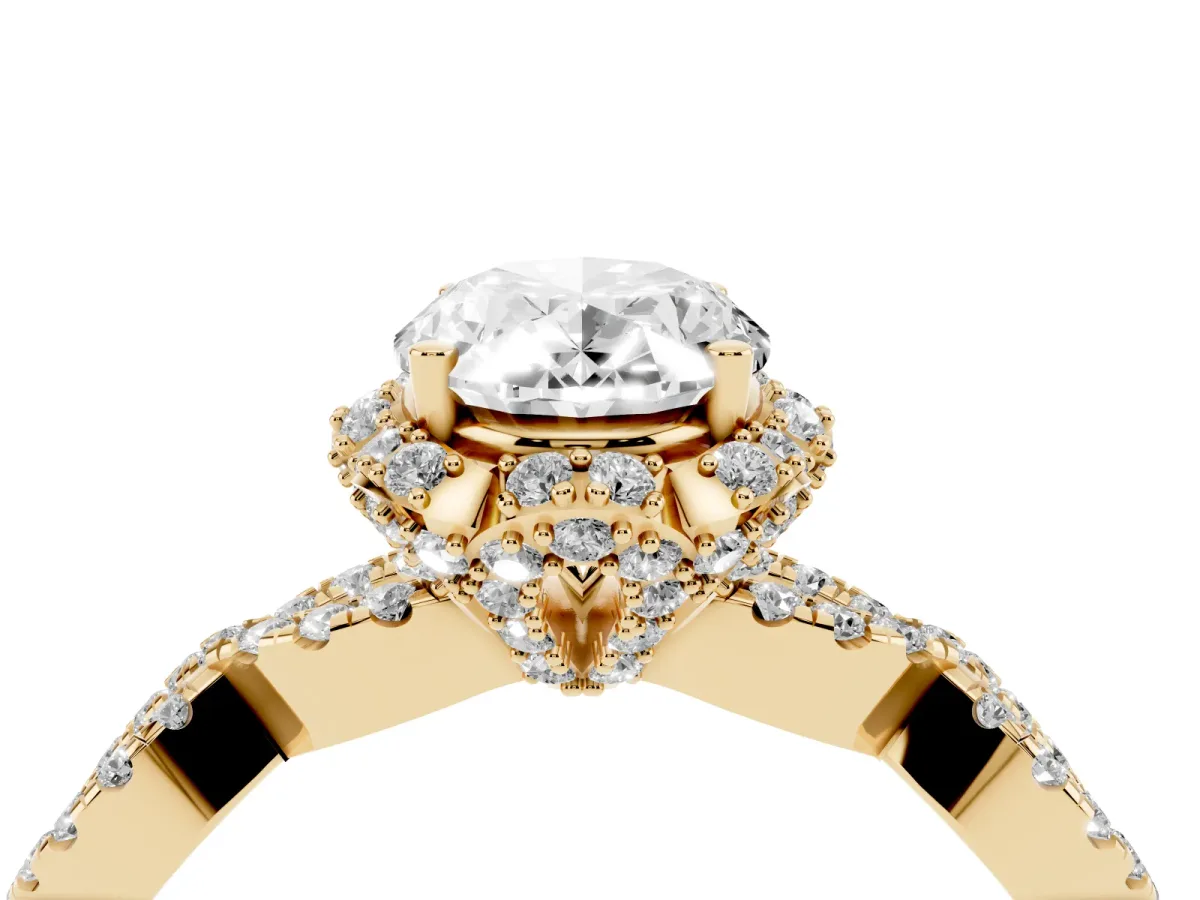 Oval Cut Halo Twist Band Solitaire Ring with Six-Prong Setting Yellow gold