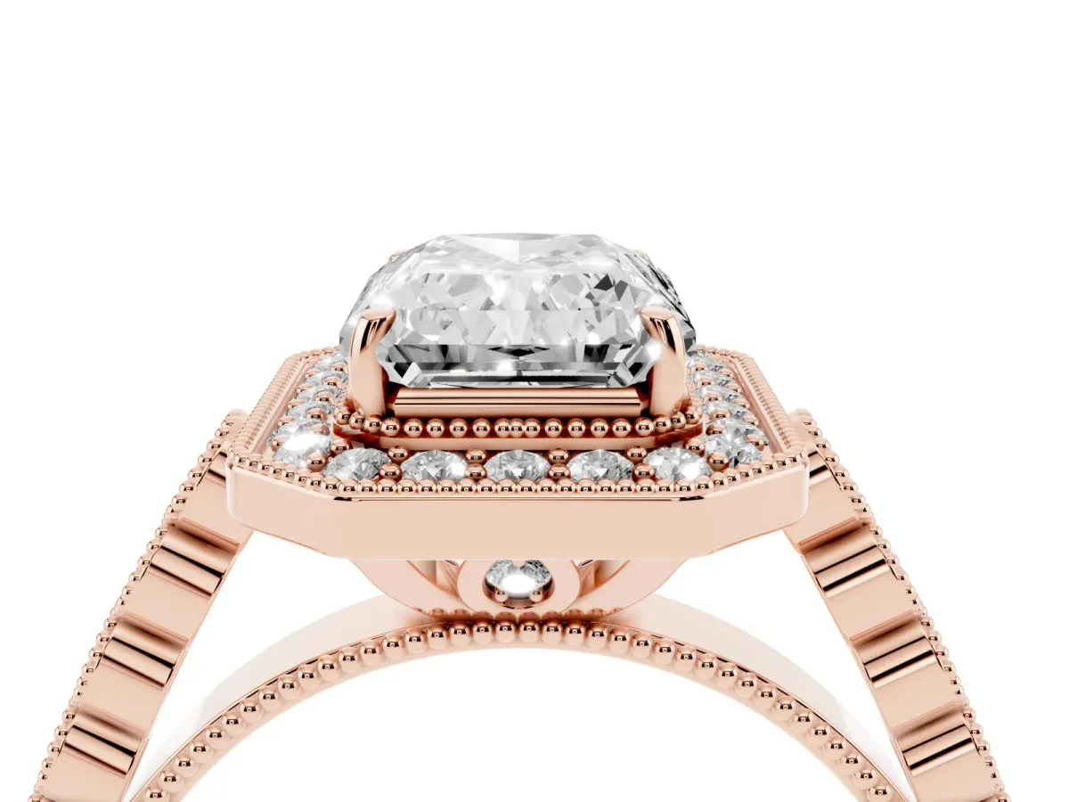 Radiant Cut Halo Milgrain Solitaire with Bezel Set Side Stones and Pave Band Rose gold