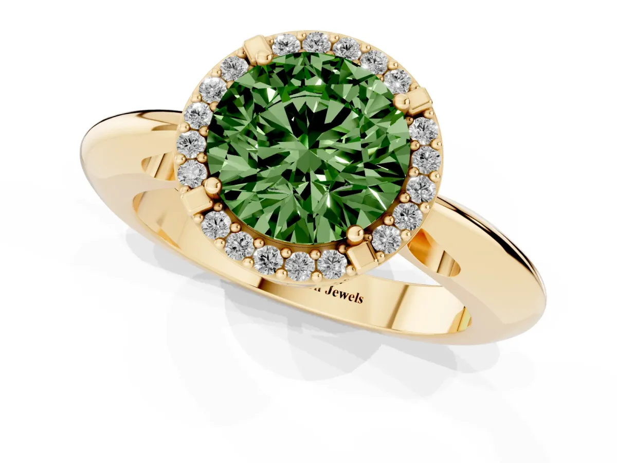 Fancy Green Round Cut Cut Diamond Halo Engagement Ring with Split Shank and Four-Prong Setting Yellow gold