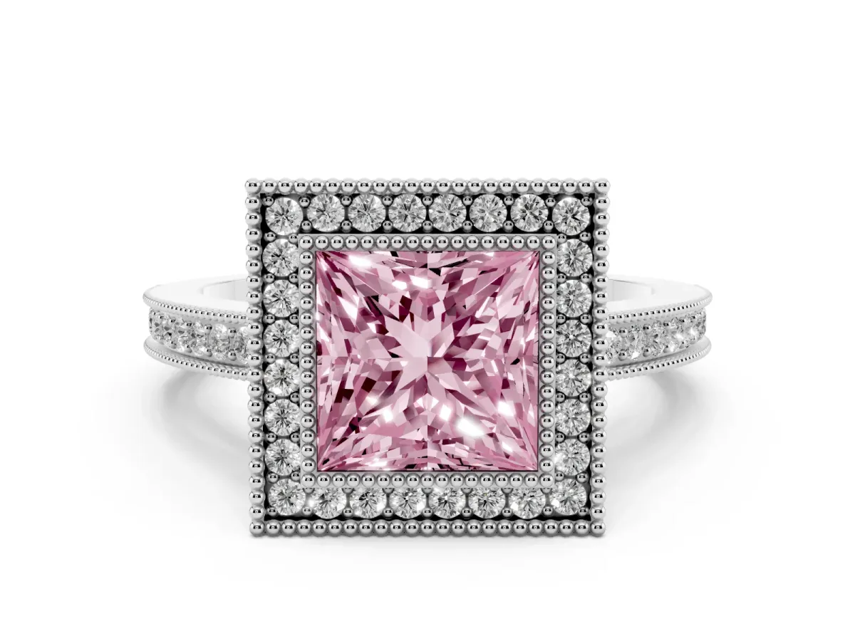 Fancy Pink Princess Cut Cut Halo Diamond Ring with Pavé Band and Milgrain Prong Setting Platinum