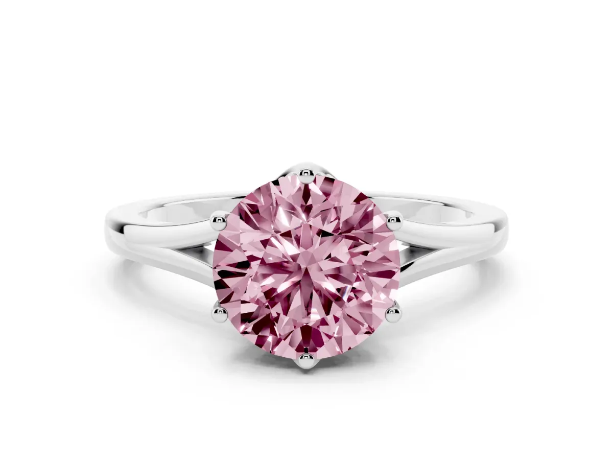 Fancy Pink Round Cut Solitaire Diamond Ring with Six-Prong Setting and Tapered Band Silver