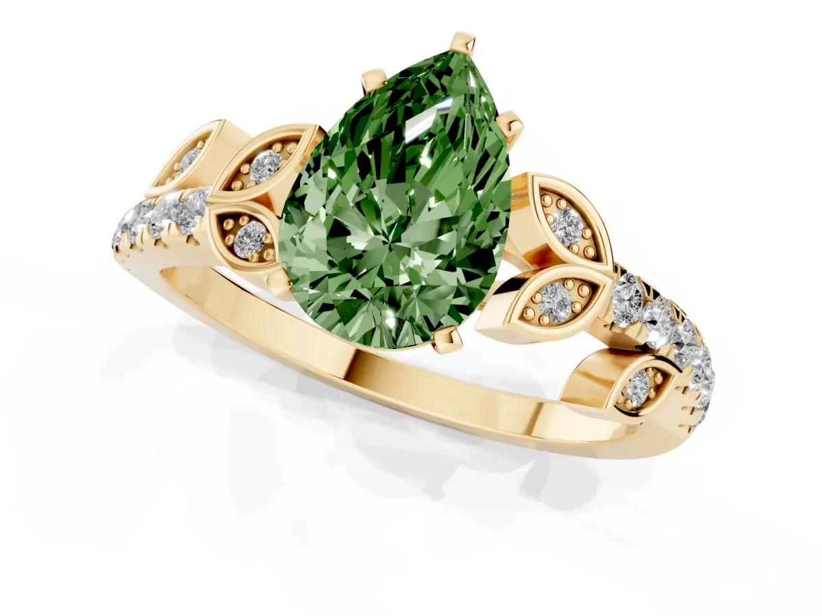 Fancy Green Pear Cut Solitaire Leaf-Inspired Diamond Ring with Pavé Band and Four-Prong Setting Yellow gold