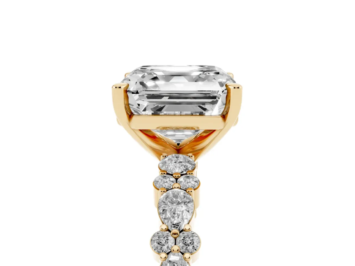 Asscher Cut Diamond Side Stone Solitaire Ring with Round and Four-Prong Setting Yellow gold