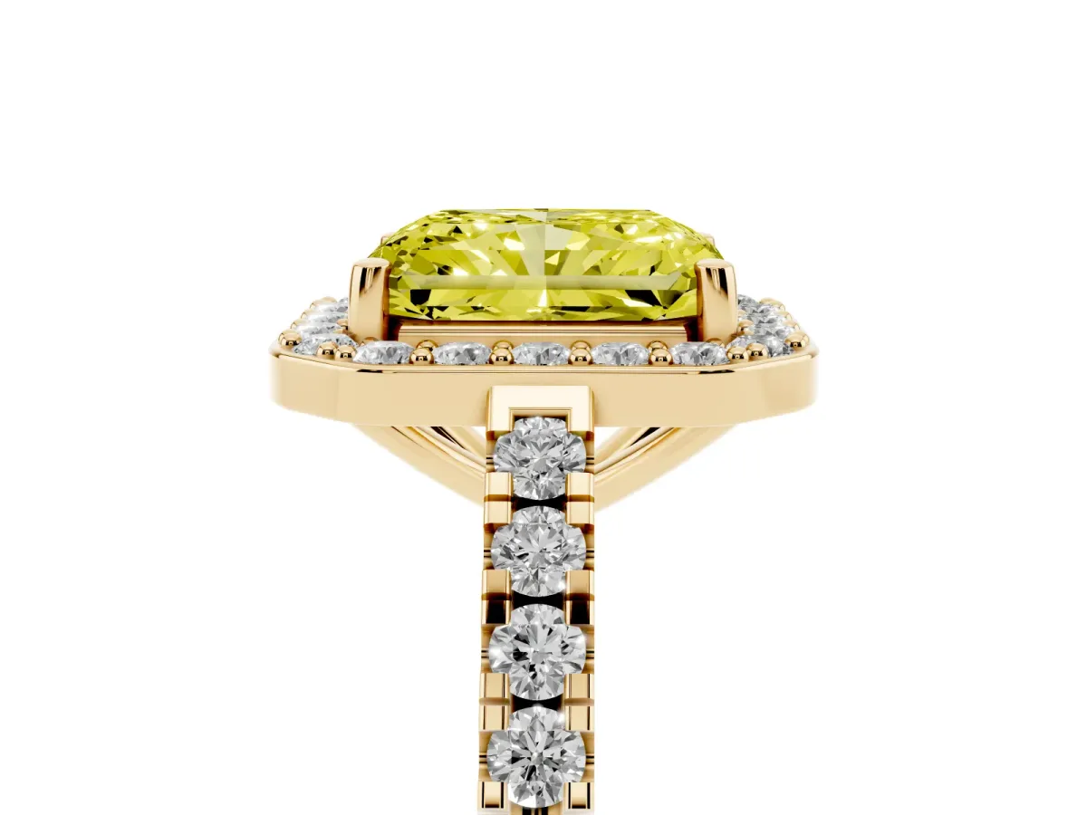 Fancy Yellow Radiant Cut Diamond Halo Ring with Round Pavé Split Shank and Prong Setting Yellow gold