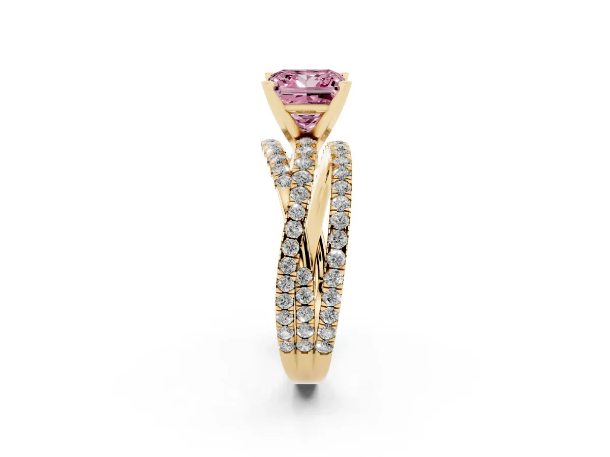 Fancy Pink Princess Cut Solitaire Twist Band with Pavé Setting and Four-Prong Setting Yellow gold