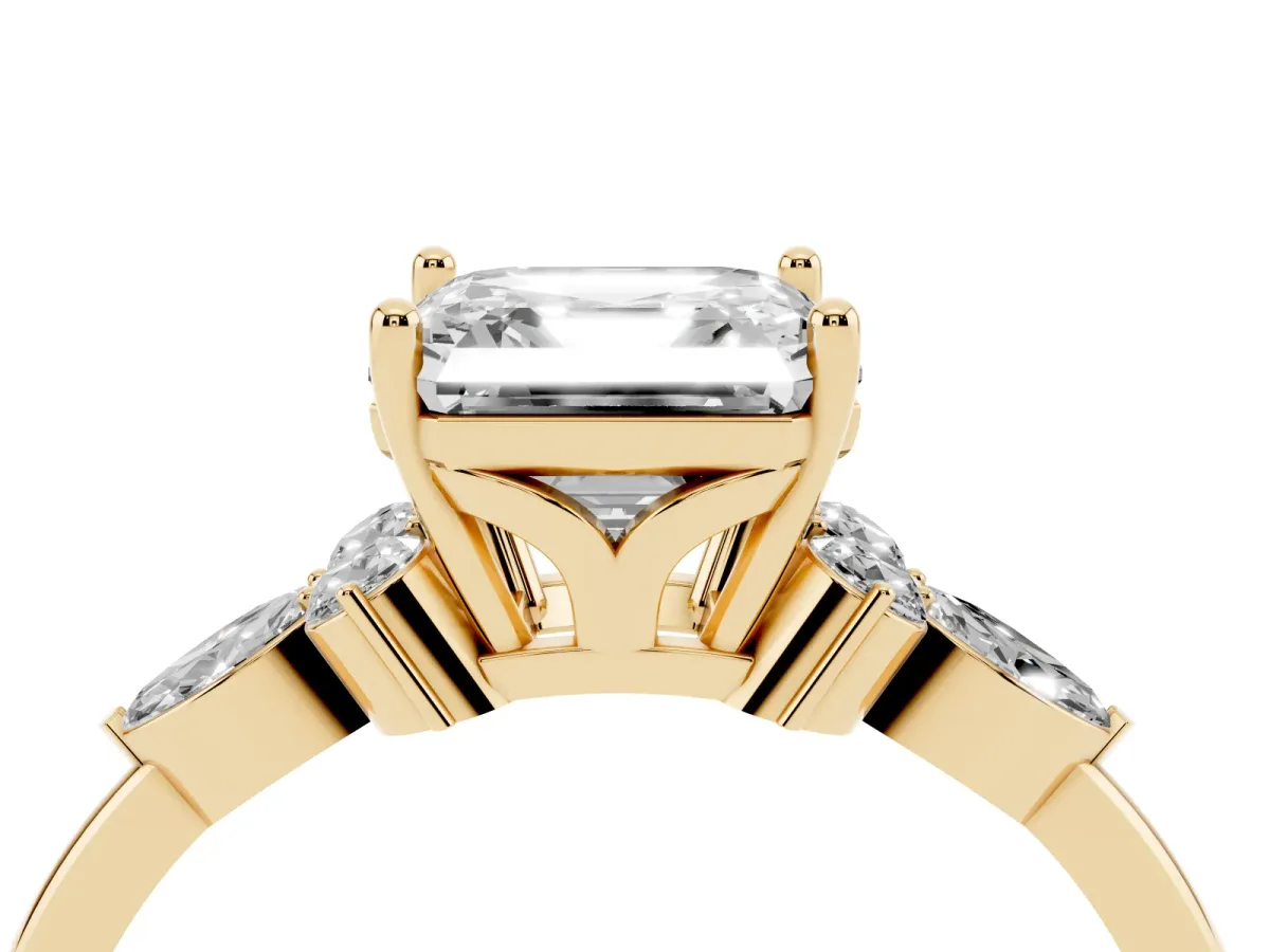 Asscher Cut Brilliant Diamond Solitaire Ring with Pear Side Stones and Four-Prong Setting Yellow gold