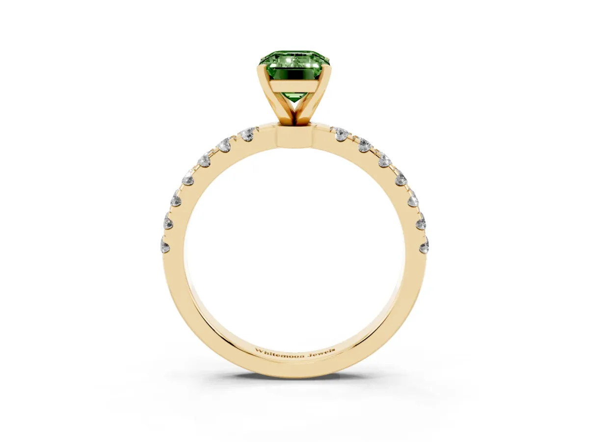 Fancy Green Emerald Cut Diamond Solitaire Ring with Pavé Accents and Four-Prong Setting Yellow gold