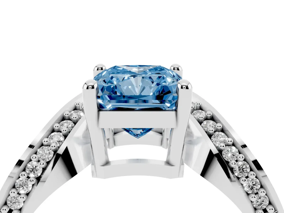 Fancy Blue Radiant Cut Solitaire Diamond Engagement Ring with Pave Band and Four-Prong Setting Platinum